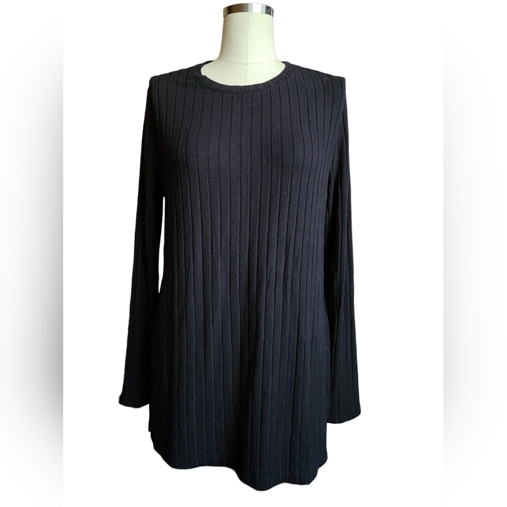 LOU & GREY Brushed Rib Knit Tee Pullover Top Black Lounge Comfy Long Sleeve L